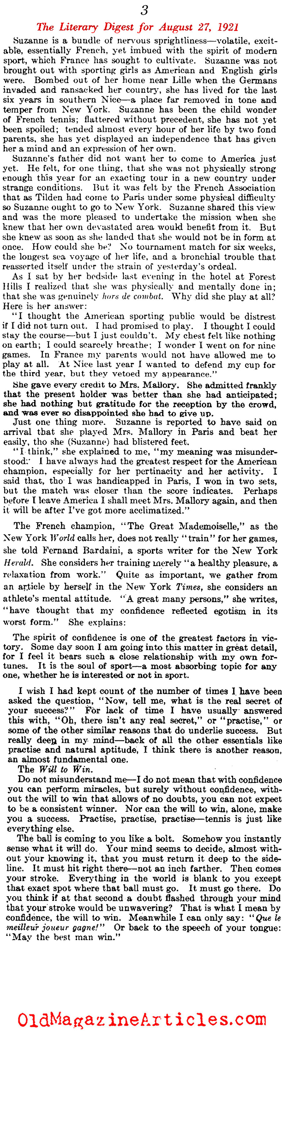 An Interview with Suzanne Lenglen (Literary Digest, 1921)